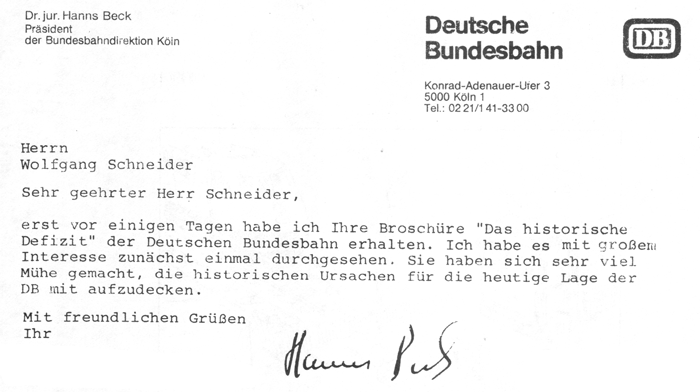 Brief von Dr. Hanns Beck - Prsident der Bundesbahndirektion Kln